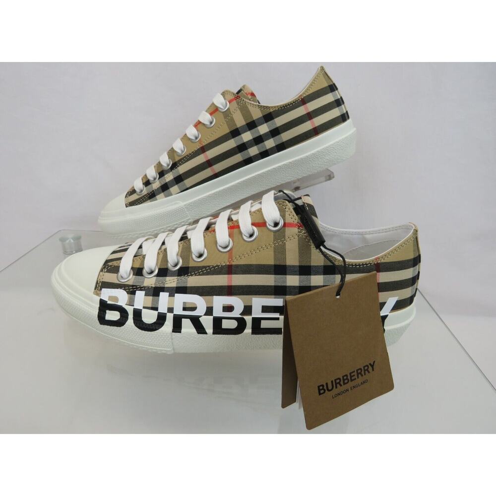 NIB BURBERRY LARKHALL BEIGE CHECK CANVAS LOGO WHITE CAP TOE UNISEX SNEAKERS 42 - Picture 10 of 13
